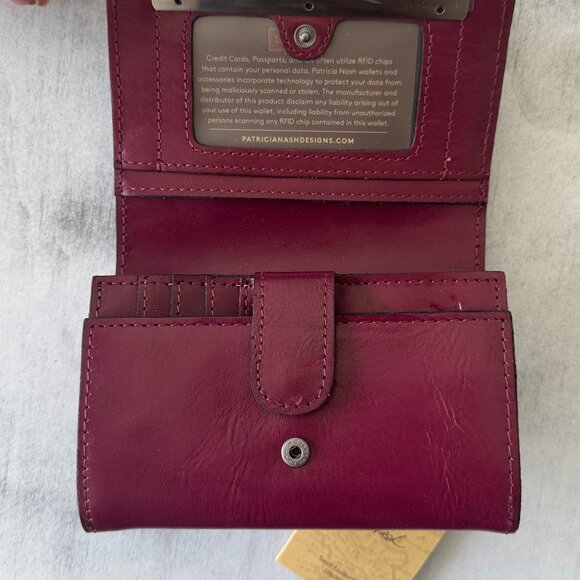 Patricia Nash Wallet Cametti Leather Tooled RFID trifold Magenta Purple - Picture 7 of 11